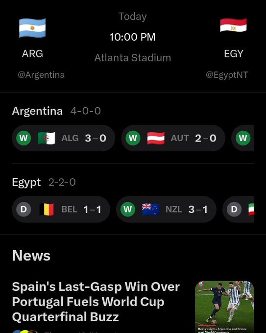 A sports app screenshot showing a match preview between ARG (Argentina) and EGY (Egypt) tonight at 10:00 PM at Atlanta Stadium, with Argentina having a 4-0-0 record and Egypt at 2-2-0.