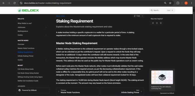 A Beldex documentation page titled "Staking Requirement" explaining Master Node staking rules, requiring 50,000 Beldex collateral locked for a minimum 15 days with collateral requirement locked for 30 days.