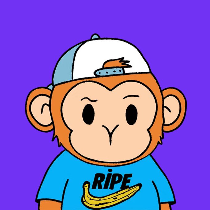 A cartoon monkey wearing a backward blue and white cap and a blue t-shirt with the word "RIPE" and a banana graphic appears on a purple background, representing the Inkonkes NFT collection launch on InkOnChain.
