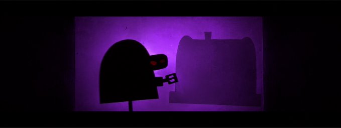 A silhouette of a hooded figure with glowing red eyes turning a key in a treasure chest against a purple-lit background.
