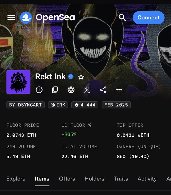 Screenshot of an OpenSea NFT collection page for "Rekt Ink" by DSYNCART, showing a floor price of 0.0743 ETH, 1D floor % of +865%, 4,444 items, and 860 unique owners (19.4%), dated FEB 2025.
