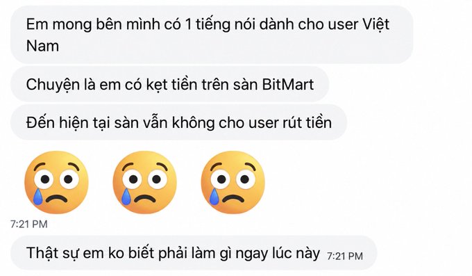 A Vietnamese messaging screenshot where a user pleads for a message directed at Vietnamese users, explaining they have trapped tokens on BitMart exchange which still won't let users withdraw. The message ends with crying emojis and 'Thật sự em ko biết phải làm gì ngay lúc này' (I really don't know what to do right now).