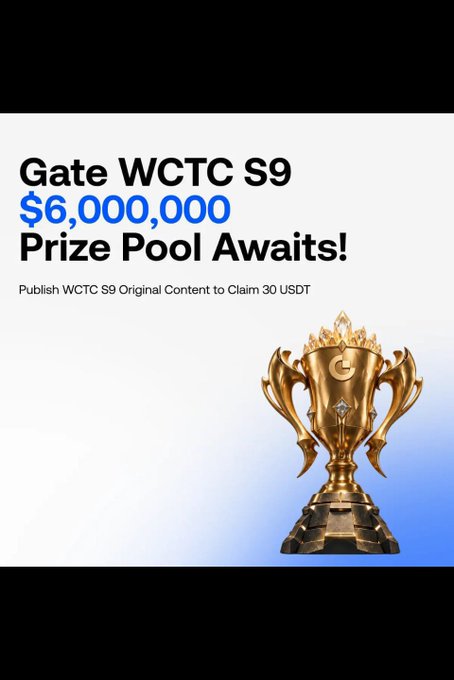 A promotional graphic announces the Gate WCTC S9 trading competition with a $6,000,000 prize pool, featuring the text "Gate WCTC S9 $6,000,000 Prize Pool Awaits! Publish WCTC S9 Original Content to Claim 30 USDT" alongside a large ornate golden trophy on a blue gradient background.