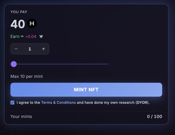 A minting interface displays a "MINT NFT" button requiring 40 H tokens to earn approximately +0.04, with an adjustable quantity slider now set to "Max 10 per mint," reflecting the update mentioned in the post. The bottom right indicates "0 / 100" mints completed under the user's account.