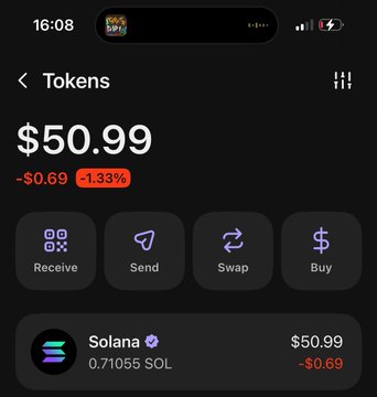 A mobile wallet app screenshot showing a token balance of $50.99 (-$0.69, -1.33%) with 0.71055 SOL, featuring Receive, Send, Swap, and Buy action buttons, timestamped 16:08.