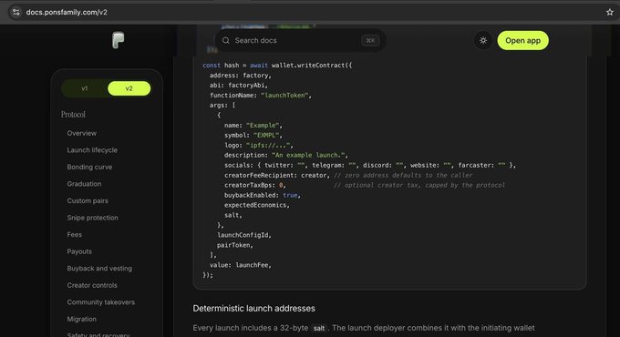 Documentation page on docs.pump.fun/v2 showing code for launching a token via wallet.writeContract, with navigation sidebar including Protocol, Overview, Launch lifecycle, and Bonding curve.