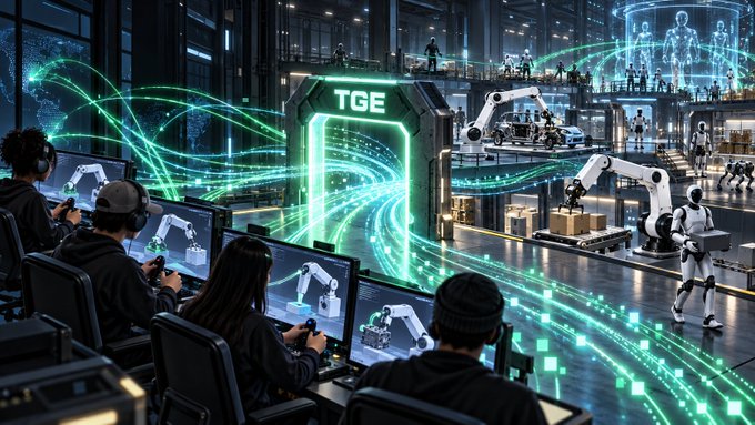 A futuristic scene labeled "TGE" showing people at gaming/control stations interacting with robotic arms and humanoid figures in a high-tech industrial facility.