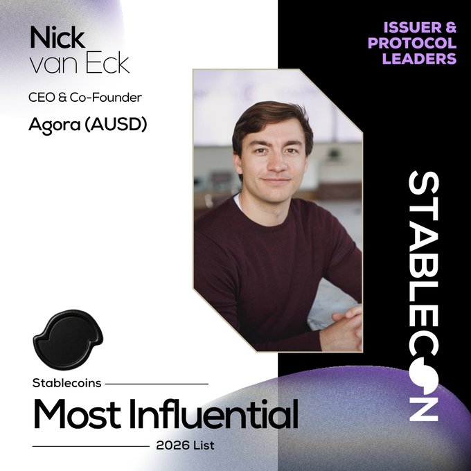 A 'Stablecoin Most Influential 2026 List' feature on Nick van Eck, CEO & Co-Founder of Agora (AUSD), listed as an Issuer & Protocol Leader.