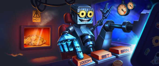 An illustration of a robot at a slot machine with 'BET', 'SPIN', and '1000x' buttons, featuring a 'HOT' warning sign and gold coins.