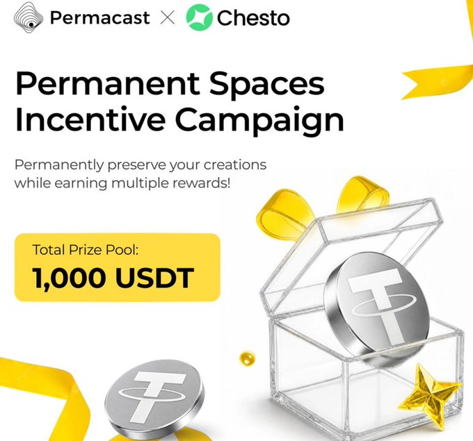 A promotional graphic for a 'Permanent Spaces Incentive Campaign' by Permacast and Chesto, offering a total prize pool of 1,000 USDT (Tether) with images of gold coins, a star, and USDT tokens in a transparent box.