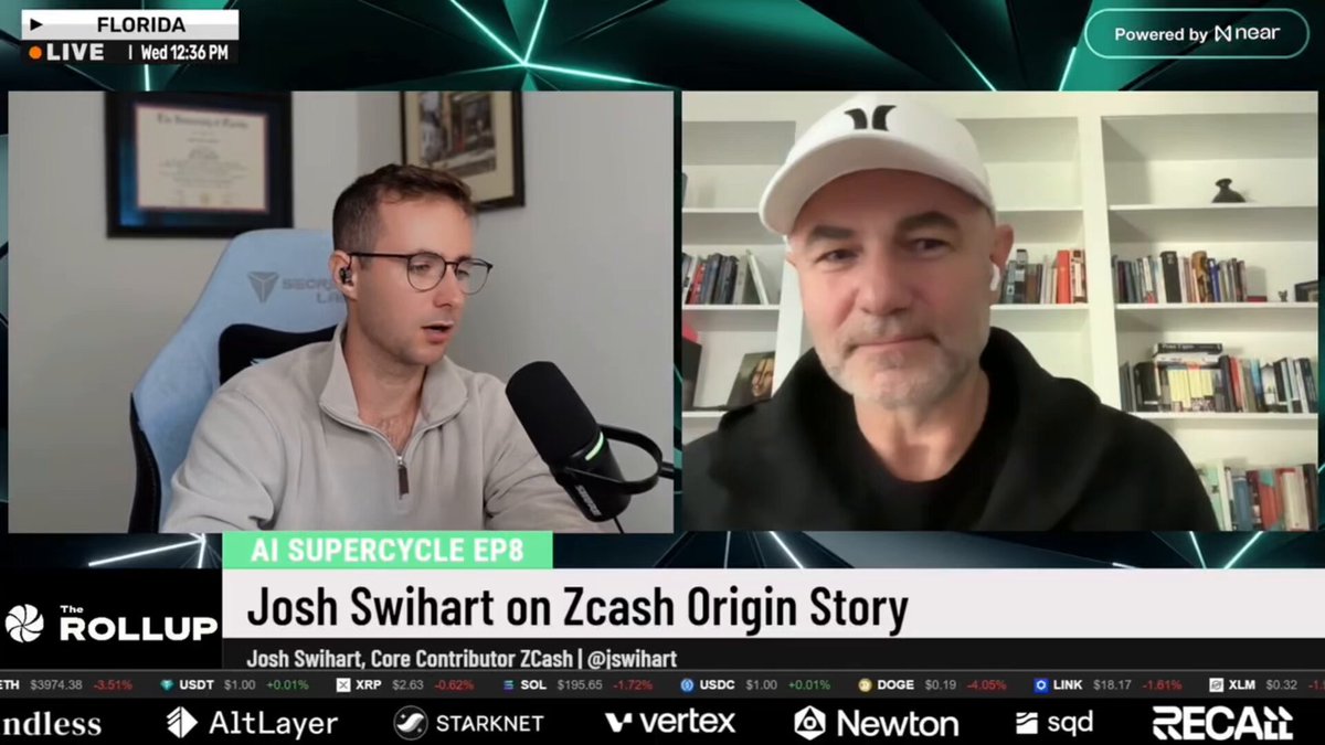 The image shows a podcast interview with two men, presumably hosts of a show or discussion about the origins of Zcash and Bitcoin. Both men are wearing caps, and they appear to be talking over each other while being interviewed. The setting appears to be an office or studio where they are holding their microphones during the recording session. A shelf full of books can be seen behind them, suggesting that they might have been discussing a topic related to literature or research. There is also a text on the image providing context about the interview and the men's opinions about these digital coins, but it doesn't seem to focus on the specific conversation between the hosts.