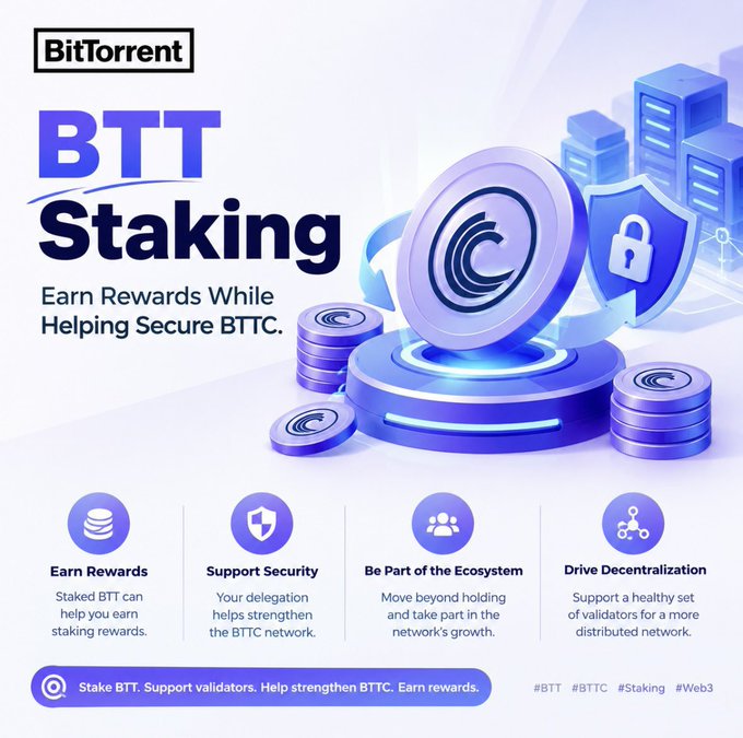A BitTorrent promotional graphic for BTT Staking, highlighting benefits like earning rewards, supporting security, being part of the ecosystem, and driving decentralization, with hashtags #BTT #BTTC #Staking #Web3.
