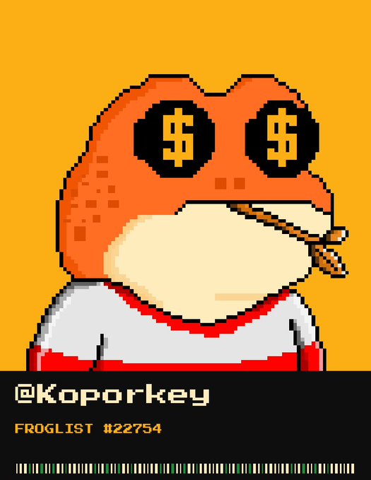 A pixel art frog wearing an orange bandit mask with dollar signs on the eyes and a bandana, labeled "@Koporkeyfr" with "FROGLIST #22754" at the bottom, representing its mint number on the @zecfrogs collection of 6,969 pixel frogs on the ZEC blockchain.