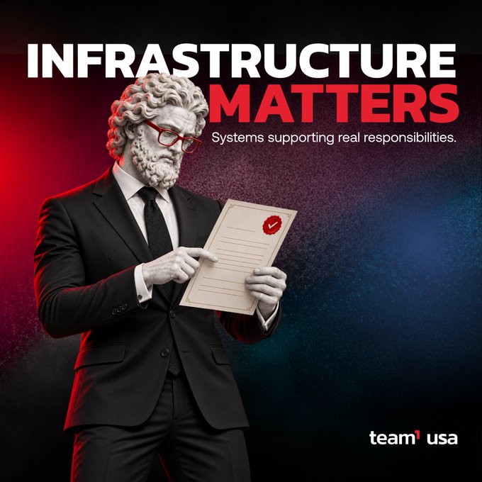 A promotional graphic reading 'INFRASTRUCTURE MATTERS - Systems supporting real responsibilities.' featuring a suited figure with a classical sculpted head examining a document with a red seal, branded 'team1 usa'.