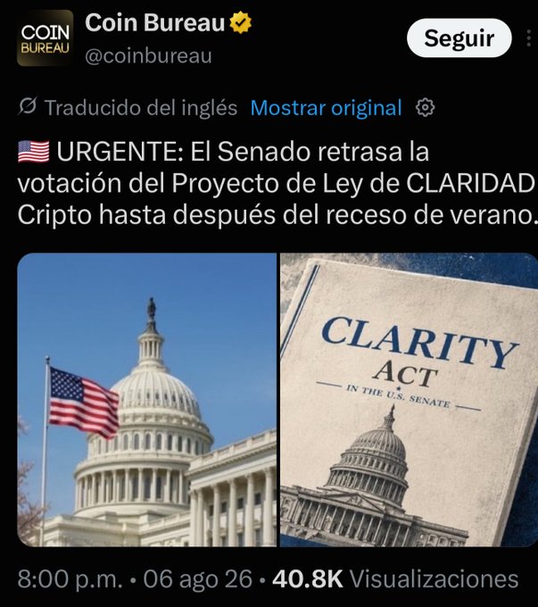 The image is a screenshot of a Coin Bureau tweet (40.8K views, dated Aug 6, 2026) reporting that the U.S. Senate has delayed the CLARITY Act crypto bill vote until after the summer recess. This aligns with the post's message that no Clarity Act vote will happen before September, while the author argues this delay isn't relevant to Bitcoin potentially breaking key support levels, with BTC trading around $64,300.