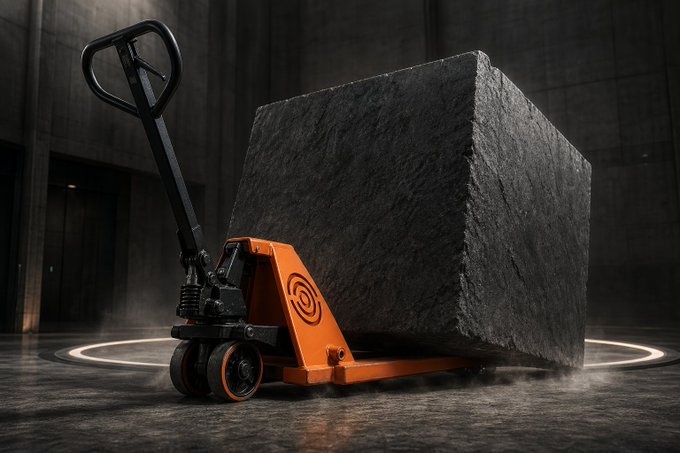 A 3D render showing a large, rough stone cube being lifted by an orange pallet jack branded with the Uniswap logo, set against a dark, industrial background.