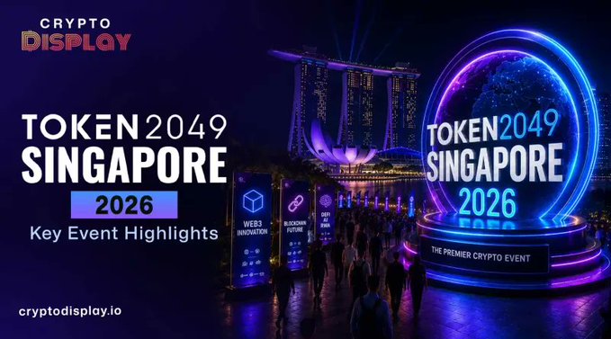 A promotional graphic for the 'Token 2049 Singapore 2026 Key Event Highlights' crypto conference, featuring a nighttime cityscape with a large glowing circular display, branded by Crypto Display.