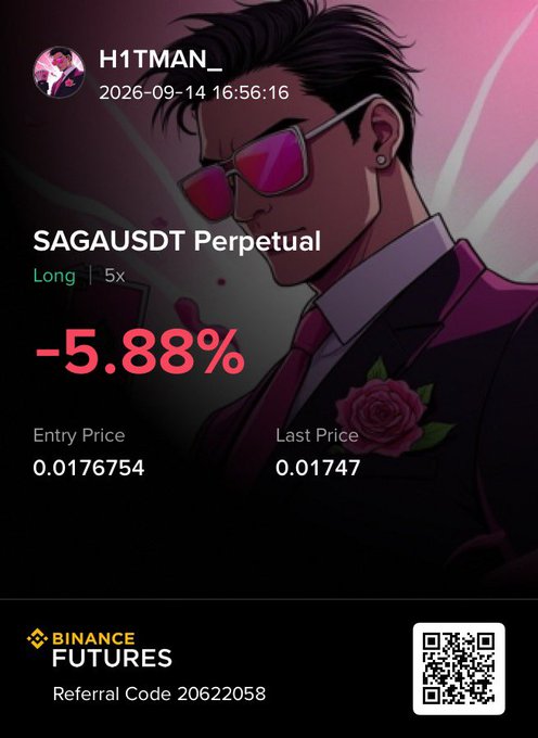 A Binance Futures promotional image showing a trading result for "SAGAUSDT Perpetual" with a -5.88% return (Long 5x), entry price 0.0176754 and last price 0.01747, user "H1TMAN_" dated 2026-09-14, referral code 2062202026.