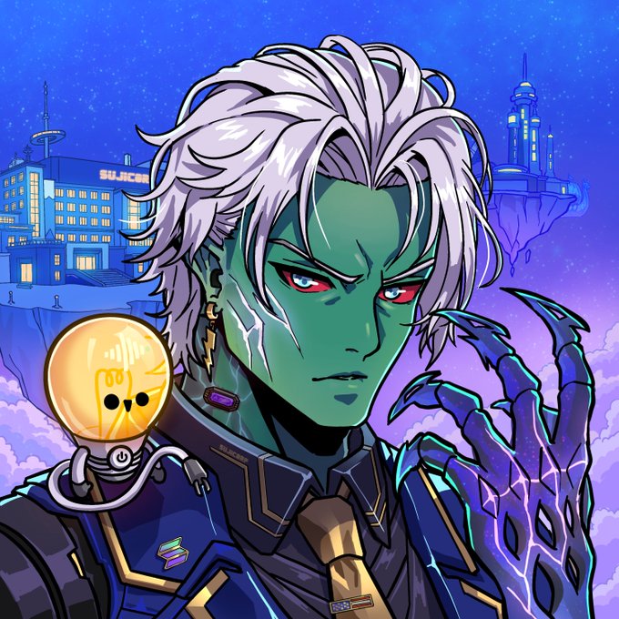 An anime-style portrait of a green-skinned character with white hair and red eyes wearing a military uniform, with a dark clawed hand and a yellow orb character nearby.