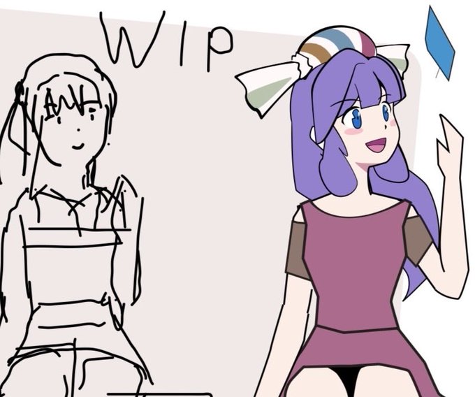 A split-screen comparison shows a rough sketch of an anime-style character next to a finished colored version, with the text "WIP" above them. The image illustrates the artist's process of comparing a rough sketch to a traced version of the same character.