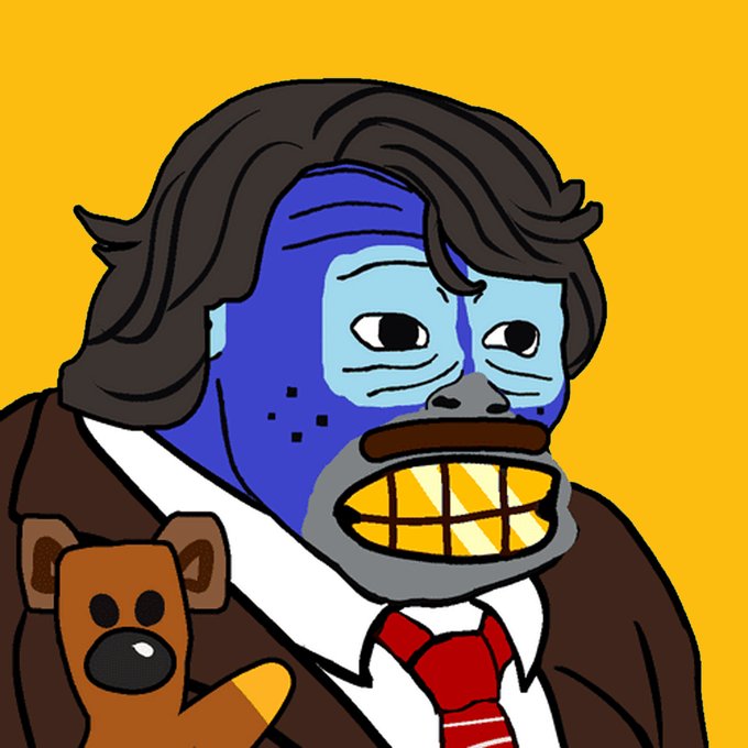 A digital illustration depicts a man wearing a blue luchador mask with dark hair, a brown suit, and red tie, holding a brown teddy bear against a yellow background.