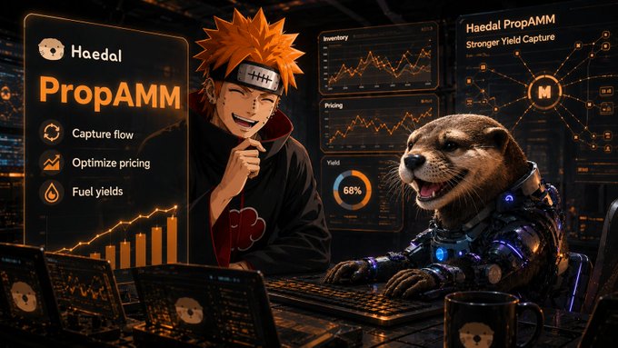 An anime character and a robotic otter collaborate at a high-tech trading desk featuring "Haedal PropAMM" branding, with displays highlighting "Capture flow," "Optimize pricing," "Fuel yields," and "Stronger Yield Capture" alongside a 68% yield metric. The image visually represents Haedal Protocol's expansion beyond liquid staking into new revenue engines like PropAMM, depicting the protocol's trading and yield optimization tools in action.