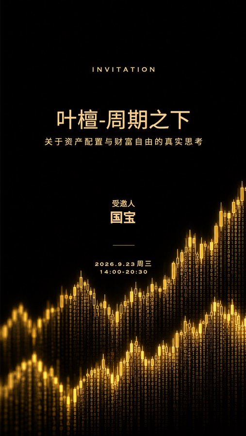 A black and gold invitation card for "叶檀-周期之下" (Ye Tan - Under the Cycle), a Binance event themed around asset allocation and financial freedom, featuring a stylized golden candlestick chart in the background. The event is scheduled for September 23, 2026 (Wednesday) from 14:00-20:30, inviting "国宝" to attend a sharing session with the renowned financial commentator Ye Tan.