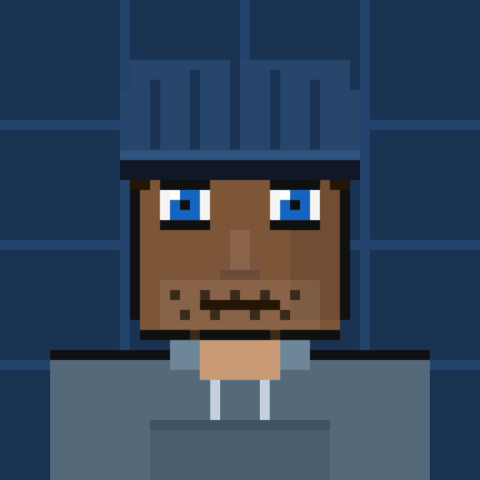 A pixel art image depicts a character with a brown face, blue eyes, and a dark blue hat or hair, looking out from behind a blue wall or structure.