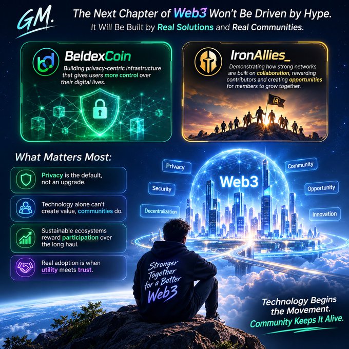 Promotional graphic titled 'GM.' about Web3, featuring BeldexCoin ("Building privacy-centric infrastructure") and IronAllies_ ("Demonstrating how strong networks are built"), with slogans like "Privacy is the default" and "Stronger Together for a Better Web3."