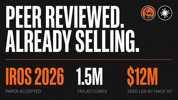 A promotional banner reading 'PEER REVIEWED. ALREADY SELLING.' with stats 'IROS 2026 PAPER ACCEPTED', '1.5M TRAJECTORIES', and '$12M SEED LED BY HACK VC'.
