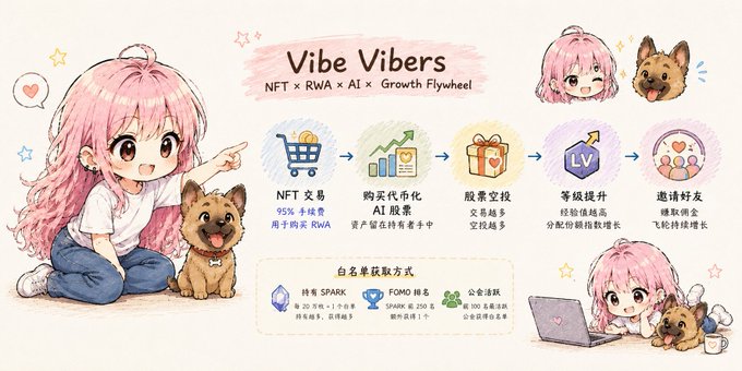 An infographic titled 'Vibe Vibers NFT x RWA x AI x Growth Flywheel' featuring an anime-style pink-haired character and a dog, detailing a process and a 'White Paper Reward' section.