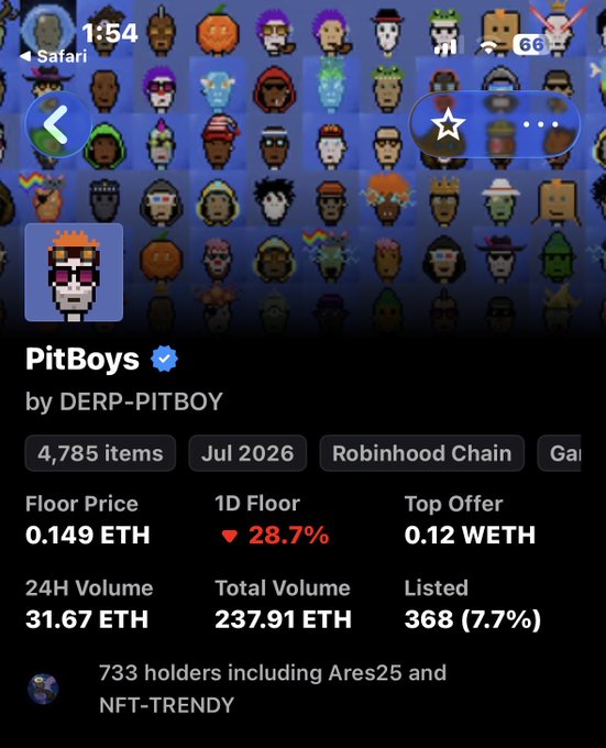 An NFT marketplace listing for the 'PitBoys' collection by 'DERP-PITBOY' shows a pixel art character, with a 1D Floor Price decrease of 28.7% to 0.149 ETH and 24H Volume of 31.67 ETH.