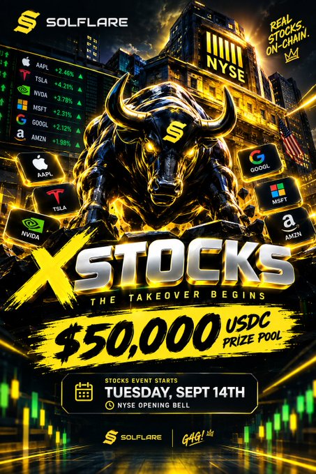 A promotional poster for Solflare's 'XSTOCKS - The Takeover Begins' event with a $50,000 USDC prize pool starting Tuesday, Sept 14th at the NYSE opening bell, featuring stocks like AAPL, TSLA, NVDA, MSFT, GOOGL, and AMZN.