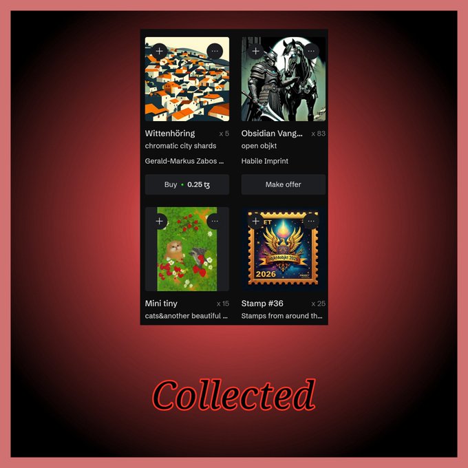 A digital display showing a 'Collected' NFT collection with four items: 'Witttenhöring', 'Obsidian Vang...', 'Mini tiny', and 'Stamp #36'.