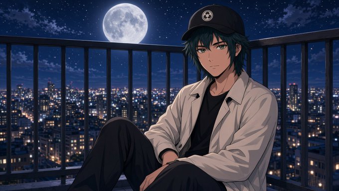 An anime-style illustration shows a dark-haired young man wearing a black cap with a recycling symbol, sitting on a balcony under a full moon with a glowing cityscape spread out behind him.