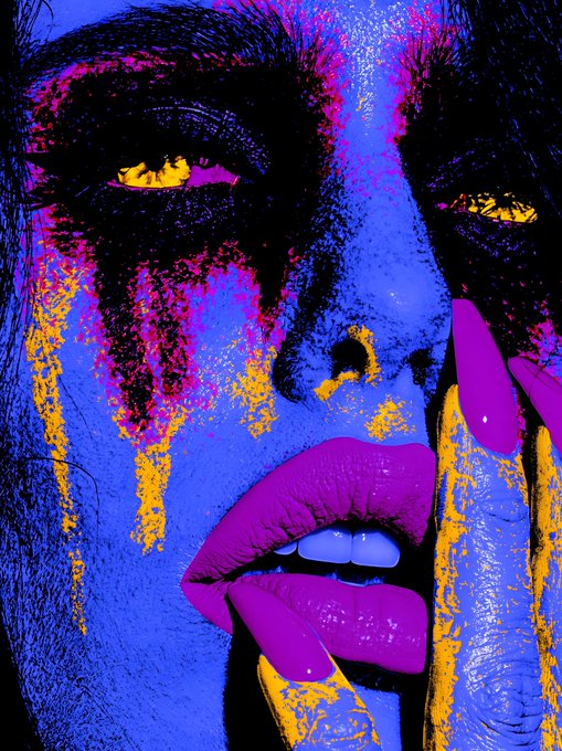 A vivid pop-art style portrait of a woman's face rendered in striking blue, purple, and yellow tones with abstract dripping patterns and stylized makeup.