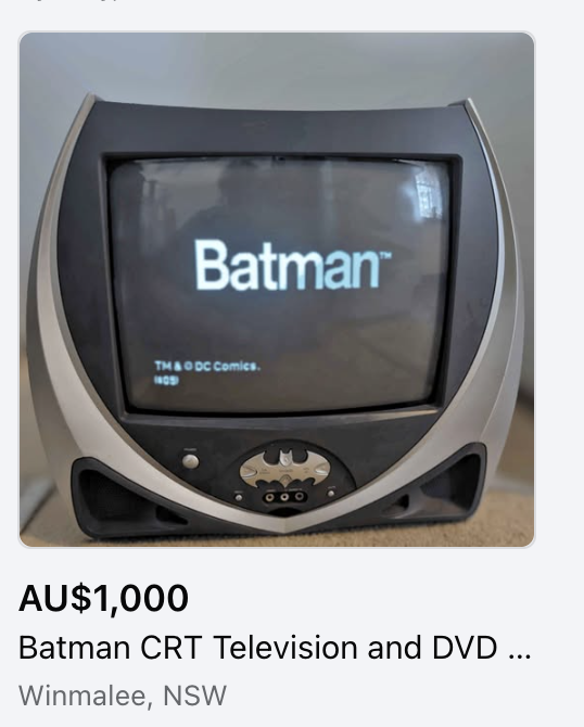 An online listing shows a vintage Batman-themed CRT television with DVD player priced at AU$1,000, located in Winmalee, NSW, displaying the Batman logo on screen.