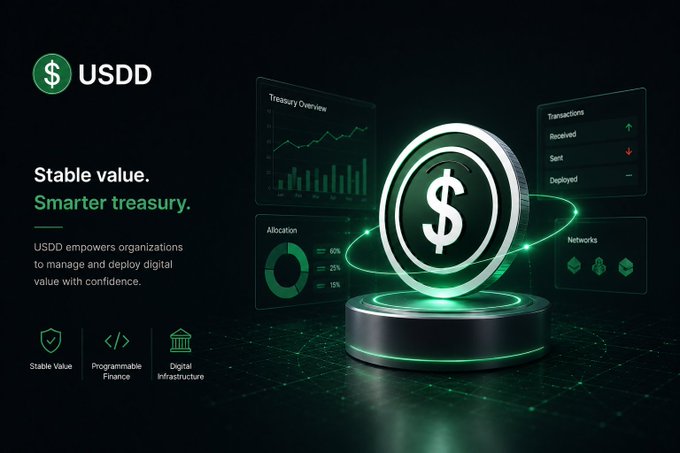 A digital dashboard graphic for '$USDD' highlights 'Stable value. Smarter treasury.' and shows 3D panels for 'Treasury Overview', 'Transactions', 'Allocation', and 'Networks' orbiting a central dollar sign coin, noting features like 'Stable Value' and 'Programmable Finance'.