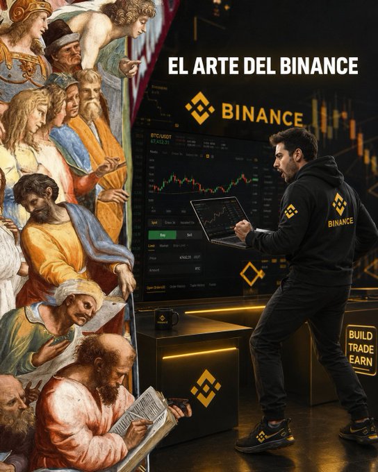 A man in a Binance hoodie works on a laptop in a dark trading environment displaying BTC/USDT charts on screens, while the left side of the image features a Renaissance-style fresco with robed figures. The text "EL ARTE DEL BINANCE" appears at the top, and a sign reads "BUILD TRADE EARN."