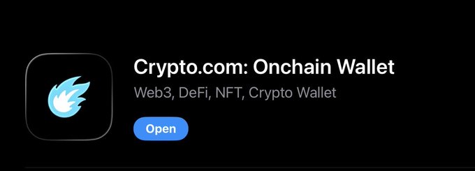 An app store listing for 'Crypto.com: Onchain Wallet' with the subtitle 'Web3, DeFi, NFT, Crypto Wallet' and a blue 'Open' button.