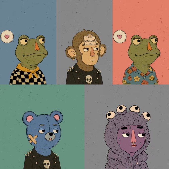 A grid of five cartoon illustrations featuring quirky characters, including Kermit the Frog variants, a punk monkey with an "unusual" note, a stitched-up blue bear in a spiked jacket, and a sweating purple character with multiple eyes.