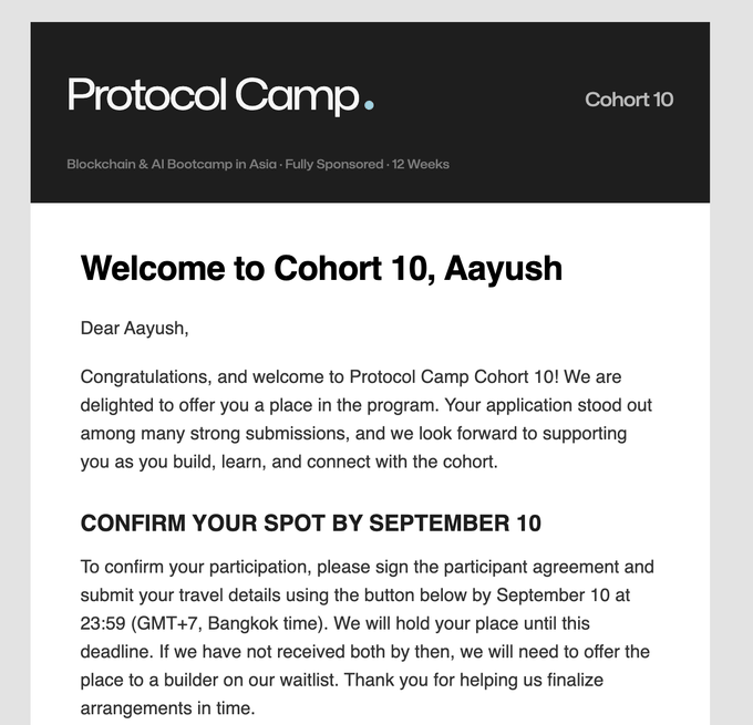 A welcome email from Protocol Camp Cohort 10 congratulating Aayush on acceptance into their Blockchain & AI Bootcamp in Asia, with confirmation deadline of September 10.