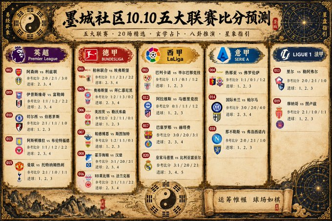 The image is a Chinese football prediction chart titled "墨城社区10.10五大联赛比分预测" featuring match predictions for the top 5 European leagues (Premier League, Bundesliga, La Liga, Serie A, Ligue 1) on October 10th, with specific score predictions like Arsenal vs Leeds (2:0/2:1/3:0) and Ipswich vs Fulham (1:1/1:2/2:2) that align with the post's match predictions.
