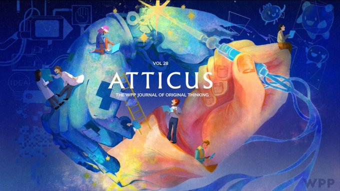The image is the cover of "Atticus," Vol. 28, "The WPP Journal of Original Thinking," featuring a stylized illustration of hands intertwined in a handshake with miniature figures working on creative projects around the word "IDEA." The accompanying post about small percentages leading to big impacts and trusting the process doesn't directly relate to the image, which focuses on creative collaboration and original thinking rather than crypto or passive income themes.
