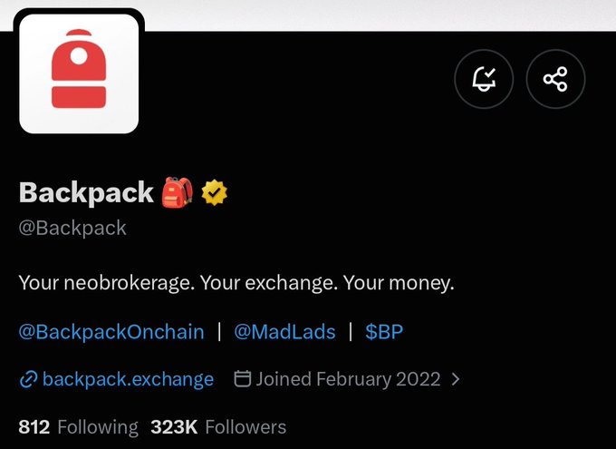 Twitter profile for 'Backpack' (@Backpack) describing it as 'Your neobrokerage. Your exchange. Your money.' with 323K followers.