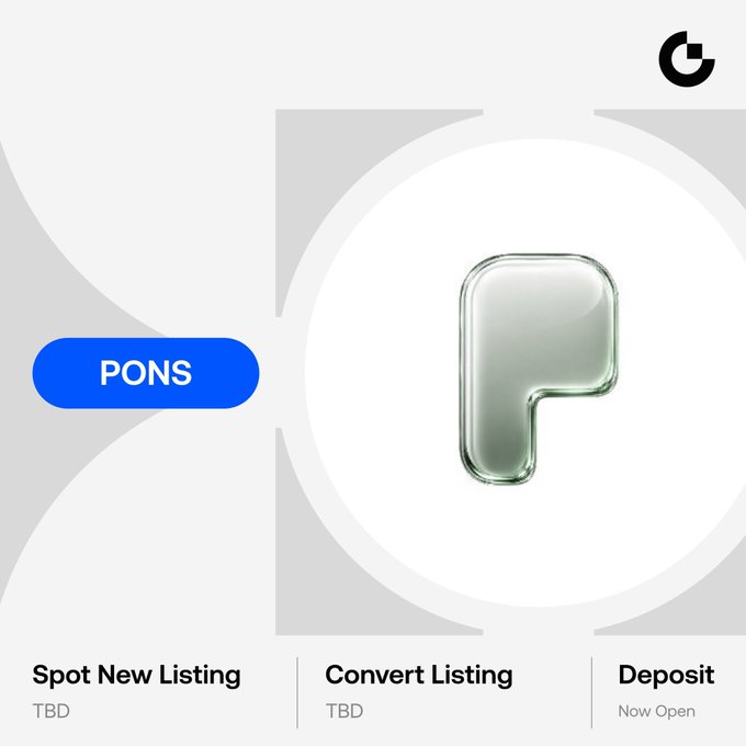 Gate announces the upcoming listing of $PONS, featuring an open deposit phase with spot trading and convert listings marked as TBD.