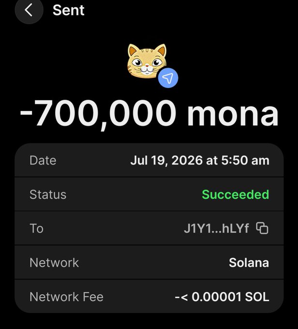 A screenshot of a successful transaction showing a transfer of -700,000 $MONA tokens on the Solana network to wallet J1Y1...hLYf, with a negligible network fee, serving as proof of purchase for the Monacoin presale giveaway.