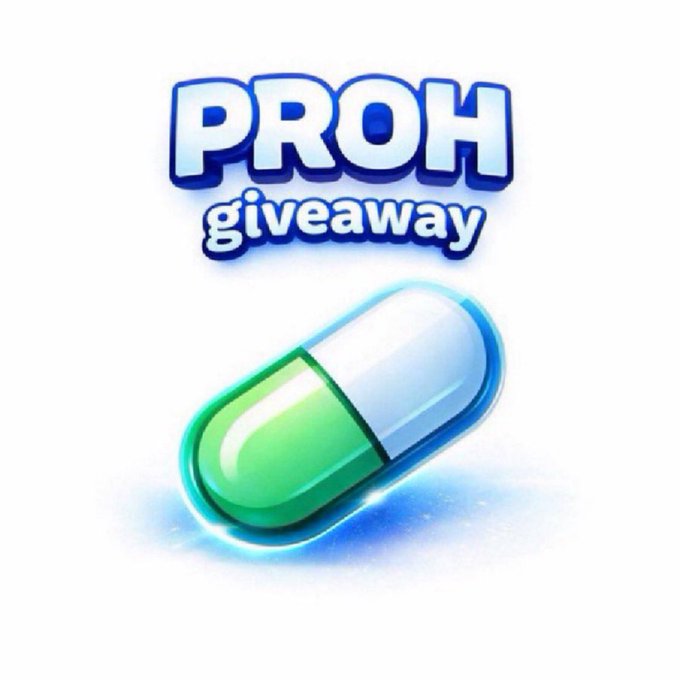 The image displays a stylized "PROH giveaway" logo featuring a green and blue pill capsule, promoting the $200 Solana giveaway event in the post, which encourages users to follow @PR0H0S, like and retweet the post, and drop their Solana wallet address before the 13-hour deadline.