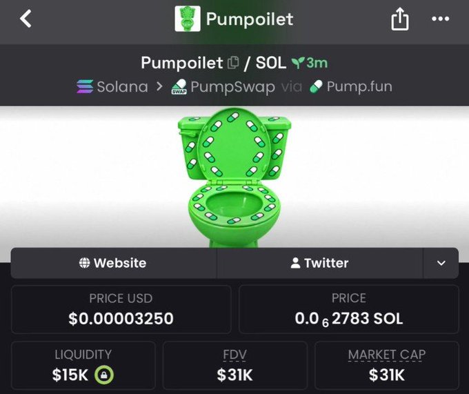 A screenshot of a cryptocurrency page showing a green toilet NFT called 'Pumpoilet' on Solana via PumpSwap, with a price of $0.00003250 and a market cap of $31K.