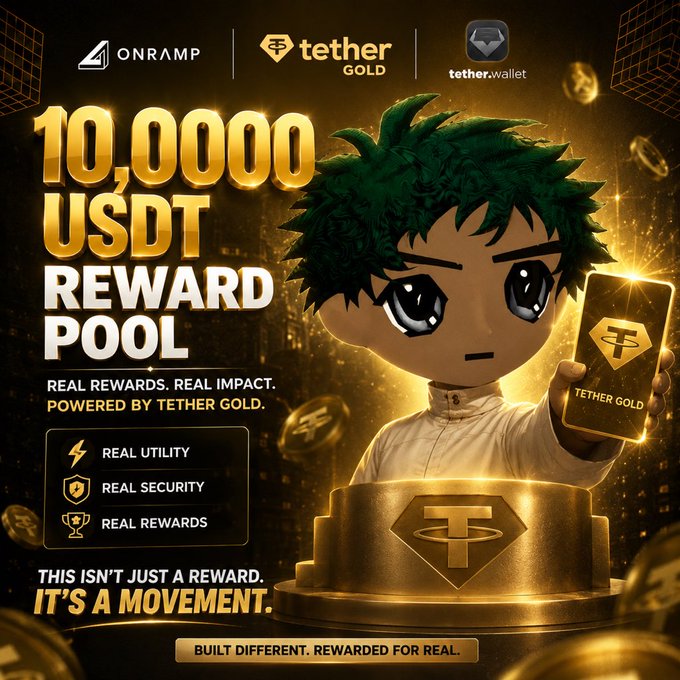 A promotional graphic featuring an anime-style character with green hair holding a 'Tether Gold' phone, advertising a '10,0000 USDT REWARD POOL' powered by Tether Gold, with logos for Onramp, Tether Gold, and tether.wallet.